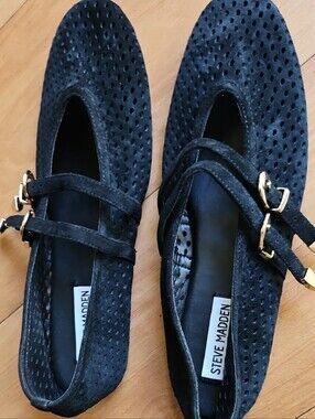 Steve Madden Black Perforated Double-Strap Mary Jane Flats with Gold Buckles